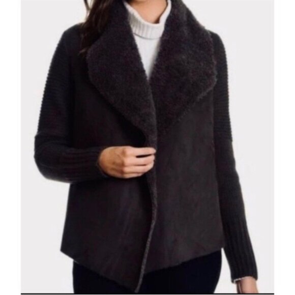 Chelsea & Theodore Suede Draped Open Front Cardigan Sweater - Picture 5 of 5